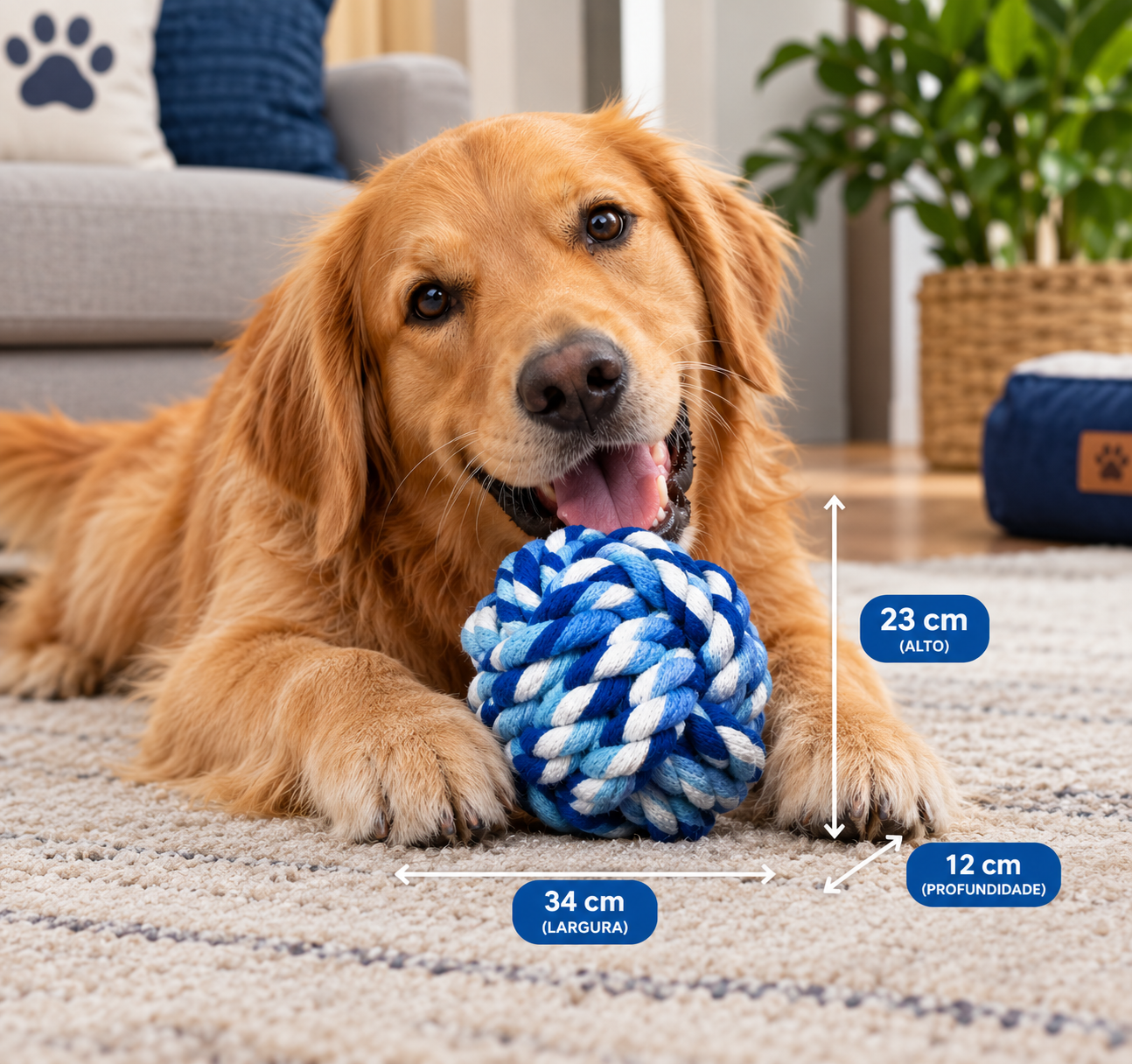 Golden Retriever com Bola de Corda Azul